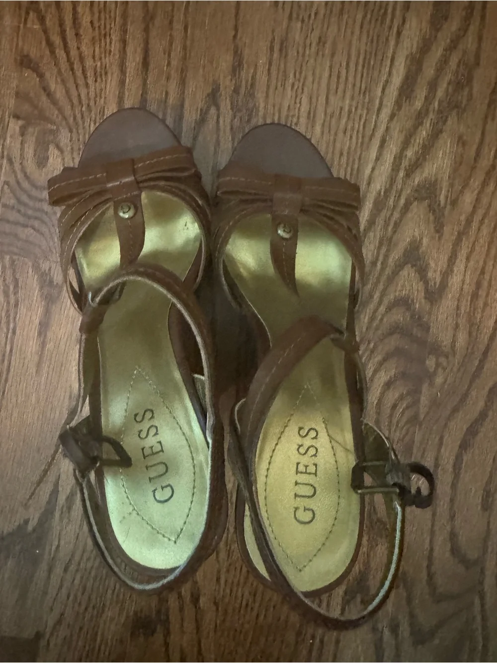 GUESS Brown Bow T-Strap Open-Toe Women's Heels